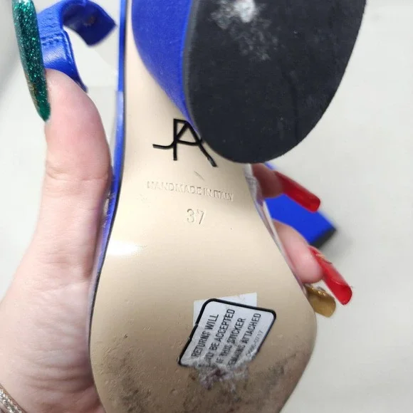 Paul Andrew Womens Heels Serrano Blue Satin PVC Cabochon Peep Toe Slingback 37 7 - Picture 10 of 10